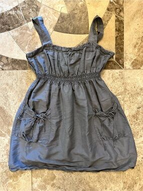 Kenzie Brand Grey Silk Smocked Sundress with Pockets